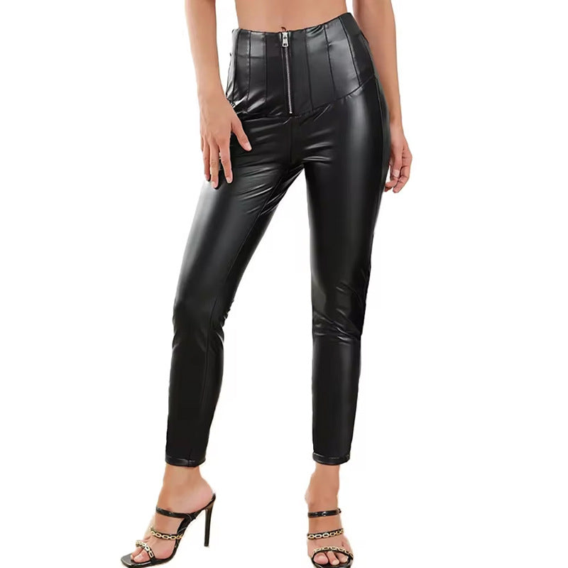 Women's Faux Leather Pants with Zipper