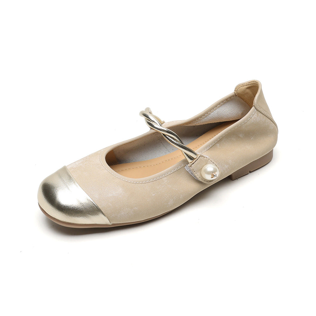 Women's Ballet Flats with Elegant Strap and Fashionable Pearl Jewelry