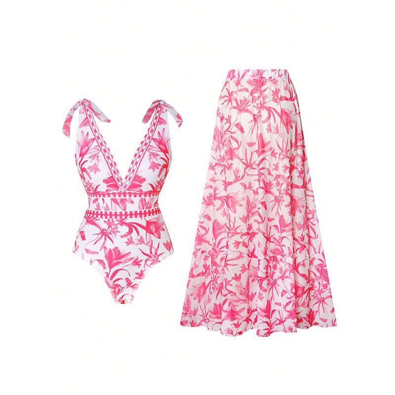 Women's Swim Set with Floral Print and Playful Wrap Skirt