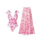 Women's Swim Set with Floral Print and Playful Wrap Skirt