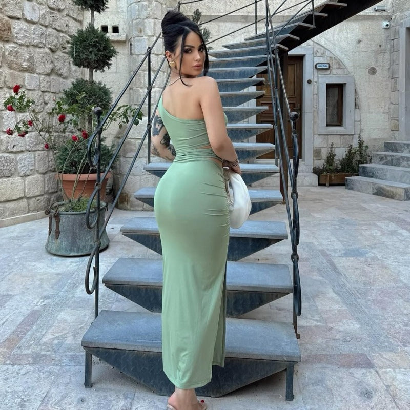 Women's Asymmetrical Ruffled Maxi Dress with High Side Slit