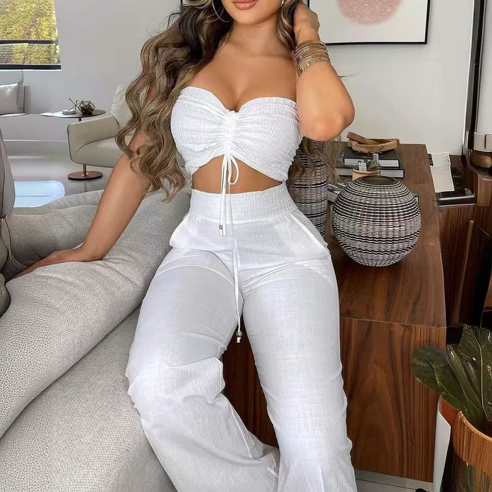 Women's Casual Crop Top and Wide-Leg Pants Set