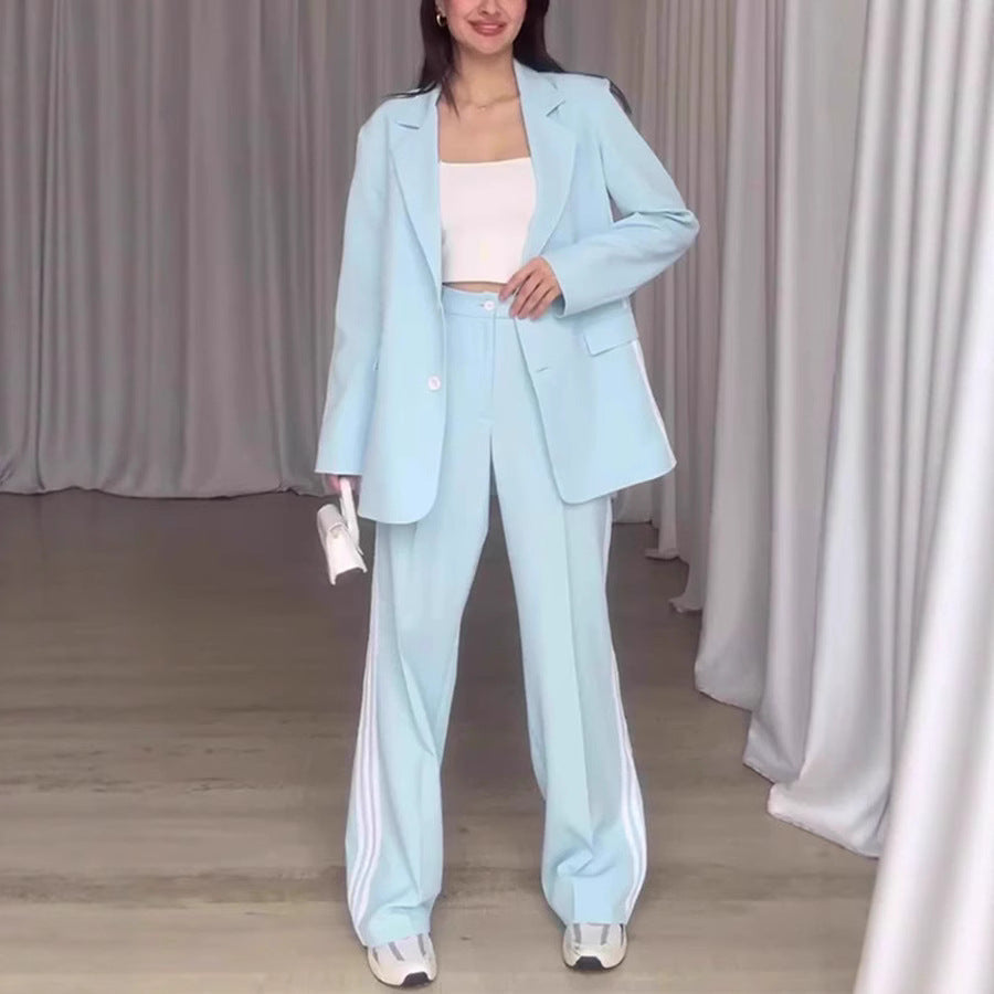 Women's Fashionable Blazer and Pants Set with Contrast Stripes