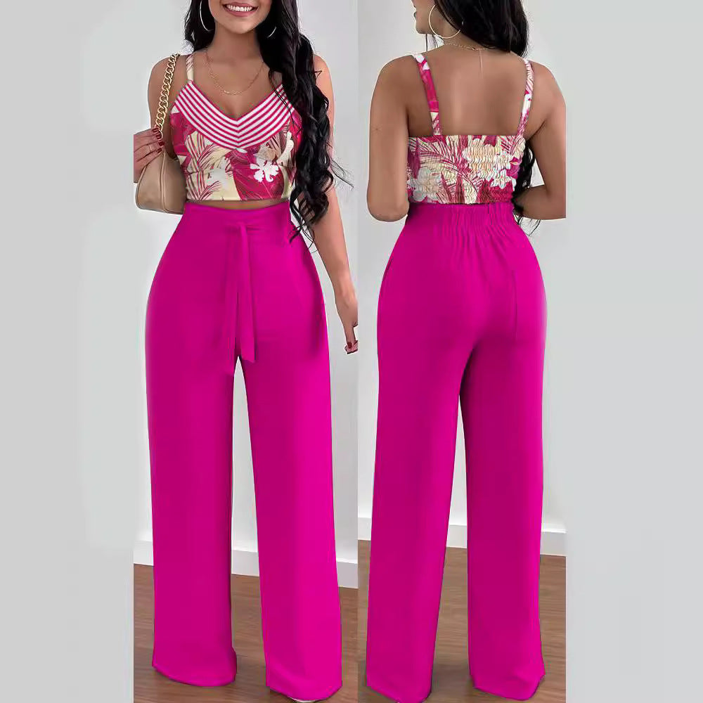 Women's Casual Floral Ruffled Top and Wide-Leg Pants Set