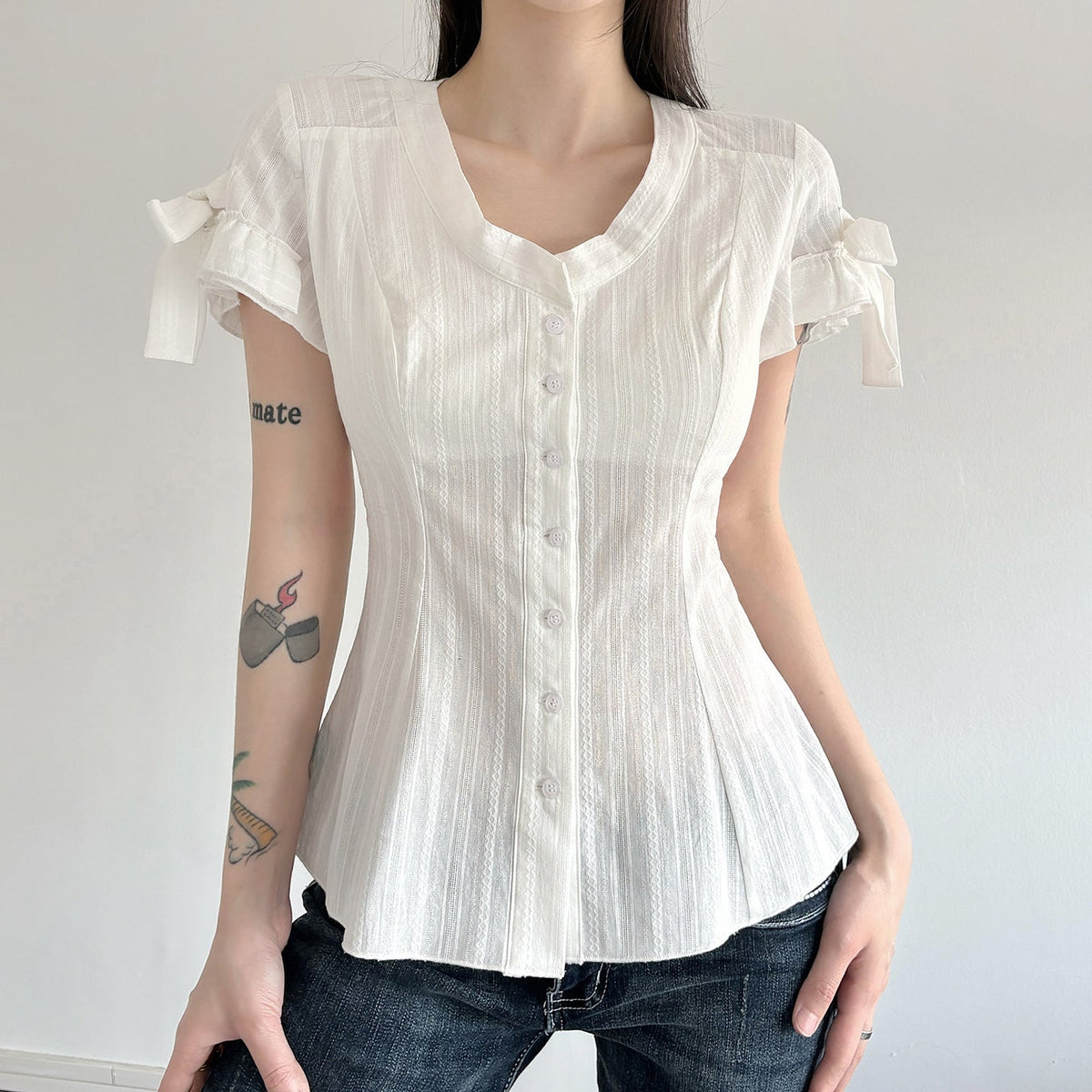 Women's Blouse Shirt with Fashionable Cut and Ruffle Details