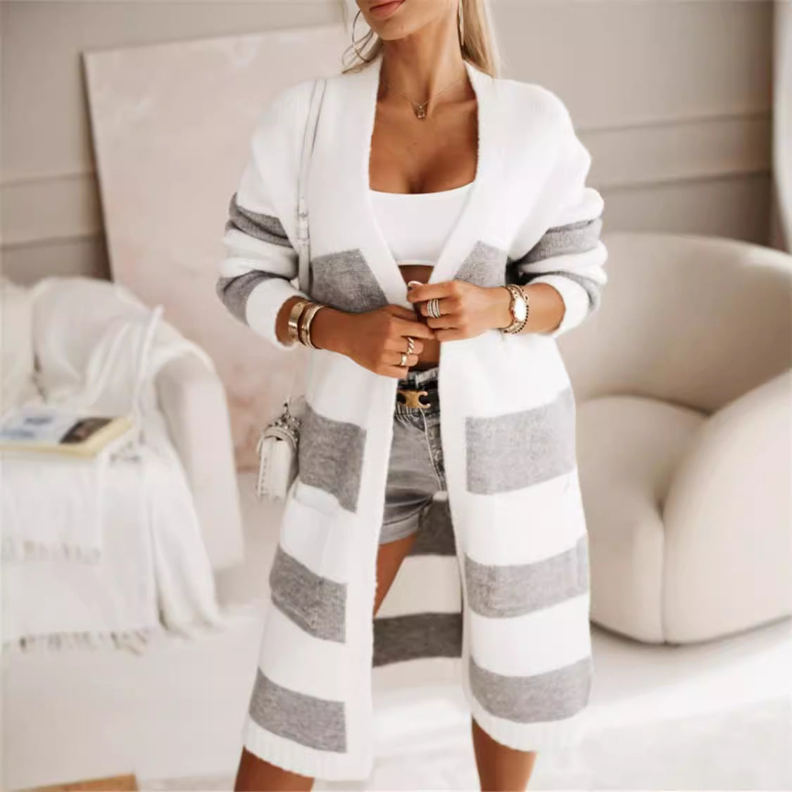 Women's Casual Striped Knit Coat