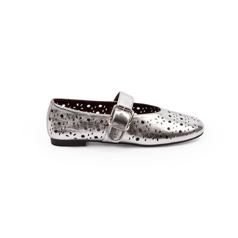 Women's Ballet Flats with Floral Cut-Outs and Adjustable Strap