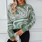 Women's Patterned Knit Pullover with Modern Wave Pattern and Round Neck