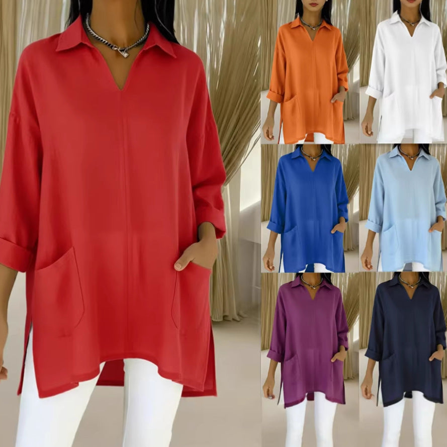 Women's Long-Sleeve Blouse with V-Neck and Pockets