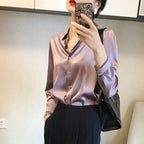 Elegant Fine Satin Blouse with Ruffle Details
