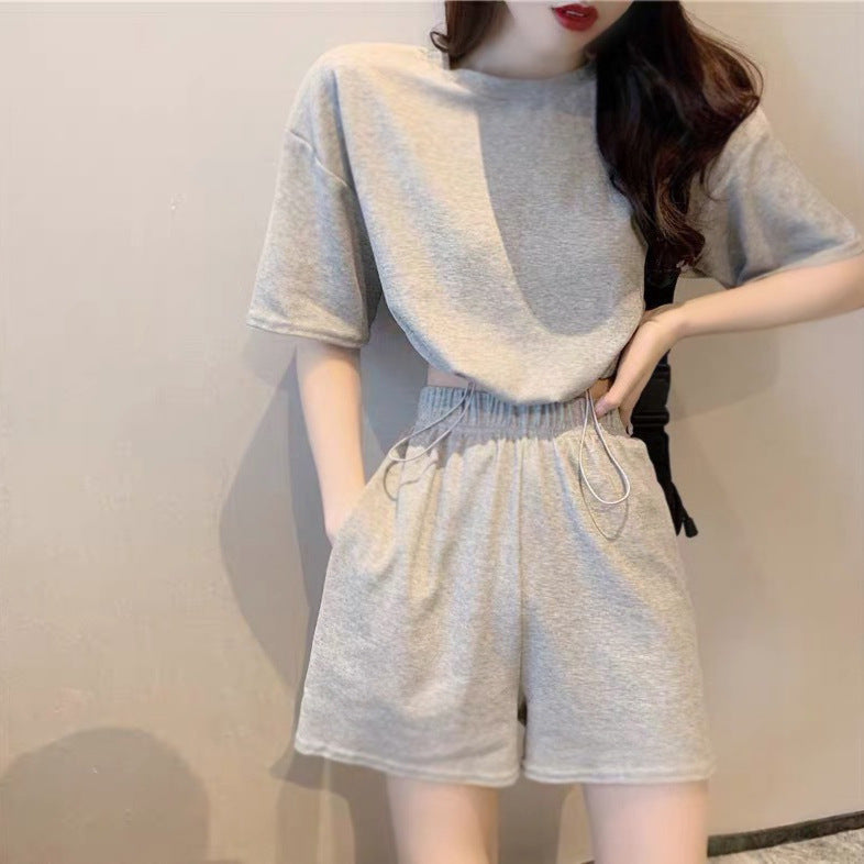 Women's Casual Suit with Round Neckline and Elastic Waistband