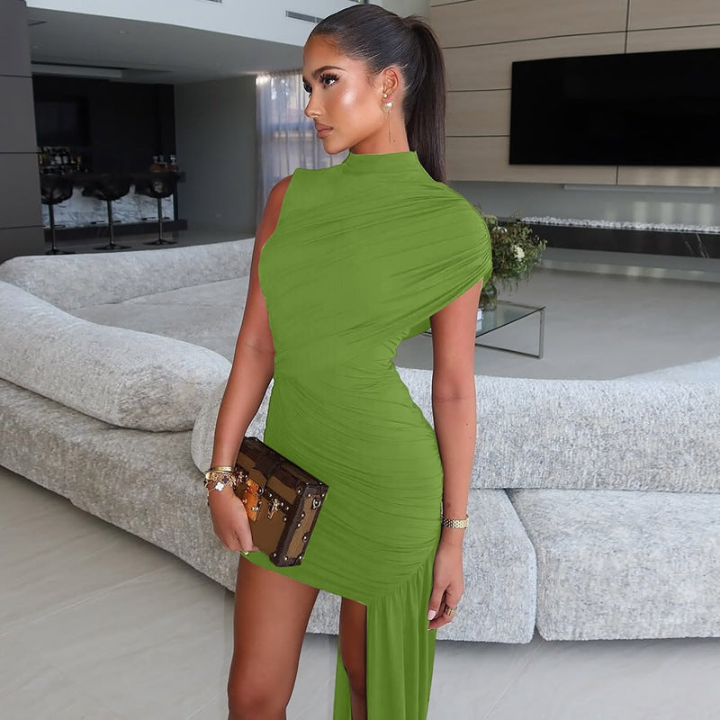 Women's Elegant Asymmetric Mini Dress with Draping and Side Slit