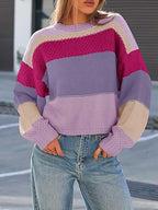 Women's Chunky Knit Sweater with Color Block Design and Oversized Fit
