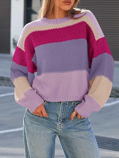 Women's Chunky Knit Sweater with Color Block Design and Oversized Fit