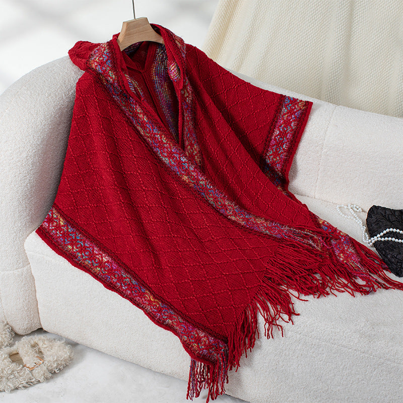 Elegant Women's Poncho with Textured Design and Fringe
