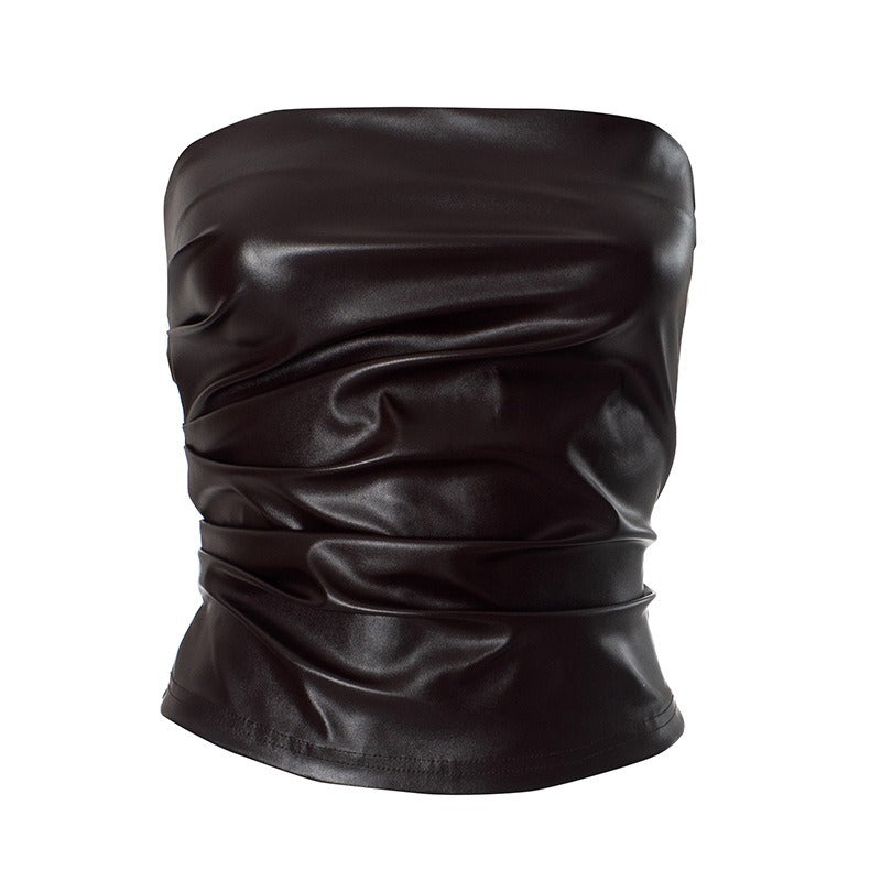 Women's Faux Leather Bandeau Top with Ruffle Details