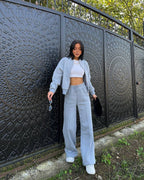 Women's Cozy Leisure Set with Zipper and Wide-Leg Pants