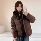 Fashionable Puffer Jacket with Detachable Faux Fur Collar and Pockets