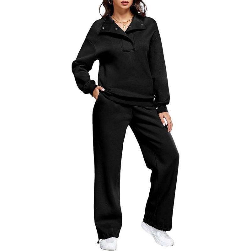 Women's Comfortable Lounge Set with Stand-Up Collar and Wide-Leg Pants