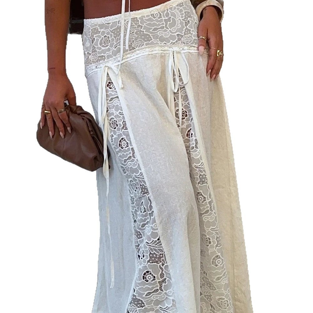 Women's Maxi Skirt with Lace Design and Side Ties