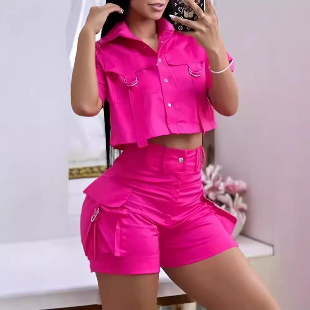 Women's Fashionable Two-Piece Set with Cropped Top and Cargo Shorts