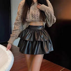 Women's Mini Skirt with Voluminous Tiered Design in Faux Leather