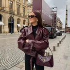 Women's Cropped Faux Leather Jacket with Asymmetric Collar