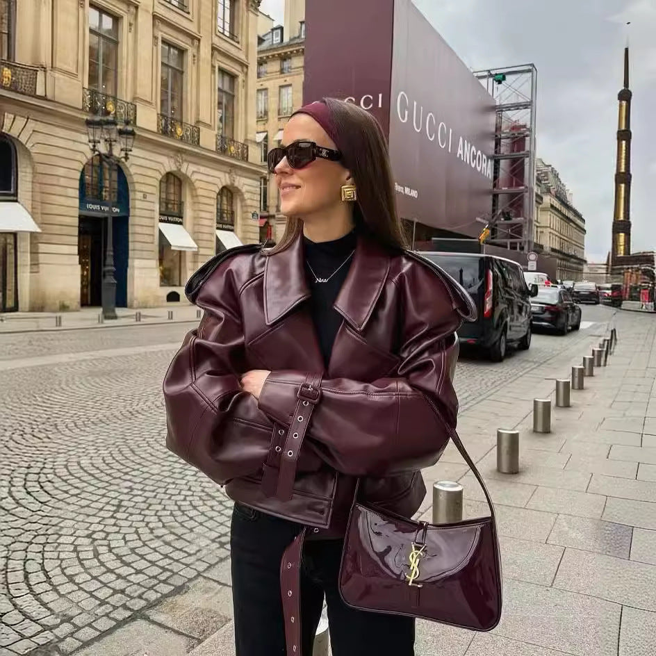 Women's Cropped Faux Leather Jacket with Asymmetric Collar
