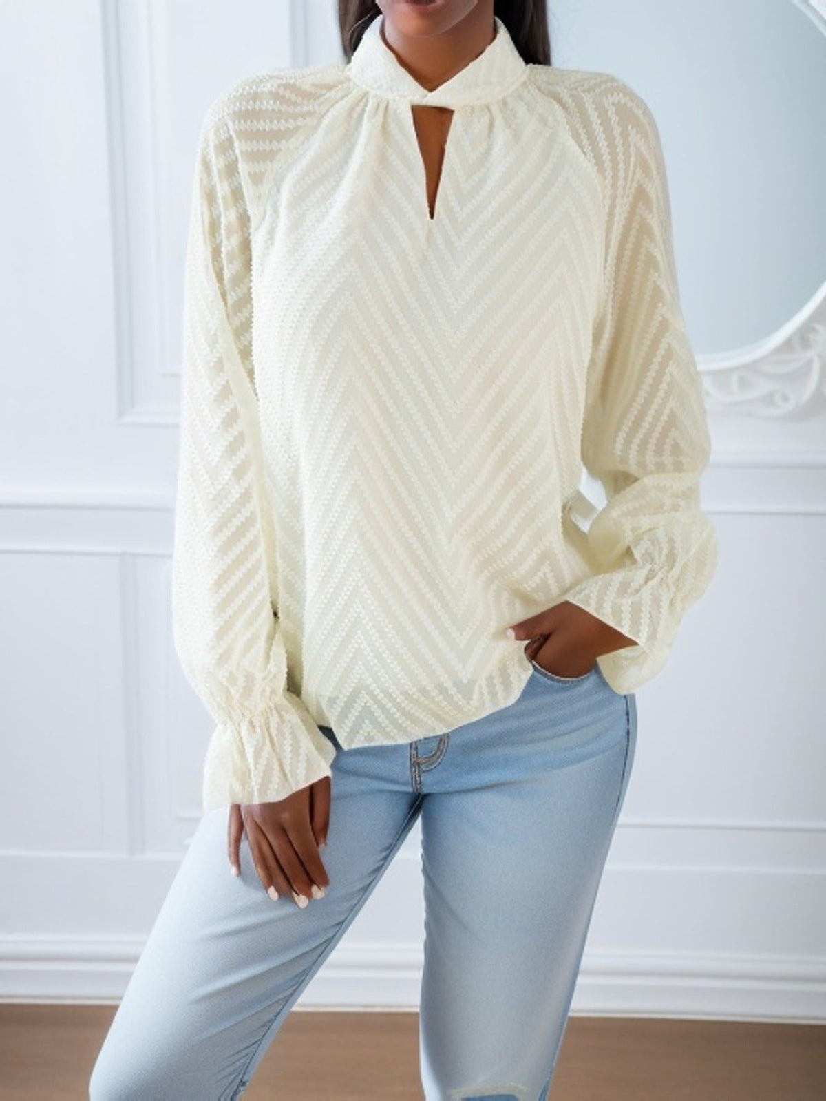 Women's Elegant Blouse with Sheer Sleeves and Decorative Stand-Up Collar