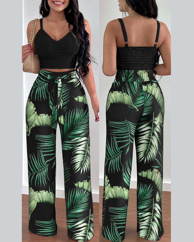 Women's Casual Floral Ruffled Top and Wide-Leg Pants Set