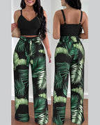 Women's Casual Floral Ruffled Top and Wide-Leg Pants Set