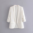Elegant Women's Blazer with Rolled Sleeves and Pockets