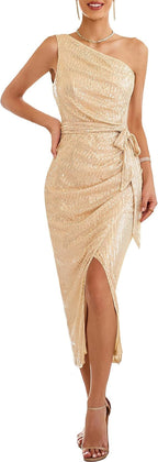Women's Asymmetrical Evening Dress with Sequins and High Slit