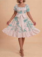 Women's A-Line Dress with Floral Motifs and Adjustable Belt
