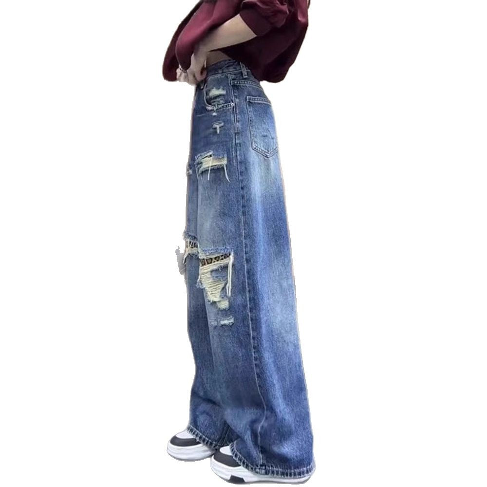 Women's Baggy Jeans with Distressed Details and High Waist