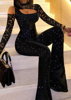 Elegant Jumpsuit with Lace Sleeves and Off-Shoulder Detail