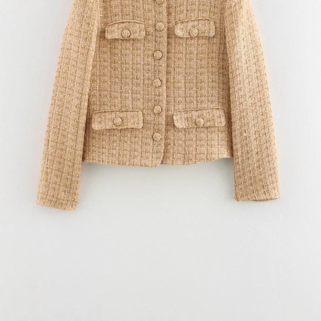 Women's Elegant Bouclé Jacket with Gold Buttons and Patch Pockets