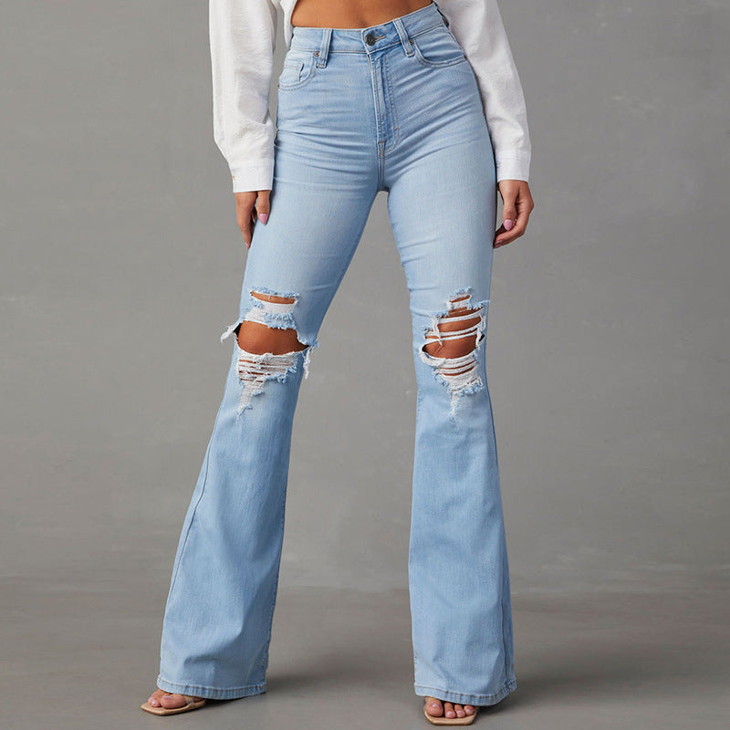 Women's High-Waist Flared Jeans with Distressing