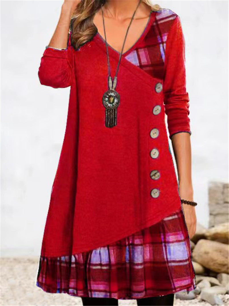Women's Asymmetrical Casual Dress with Plaid Hem and Button Detail