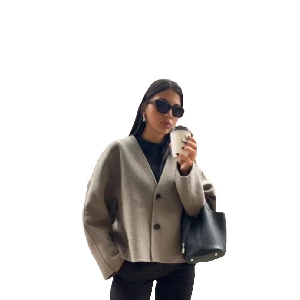 Women's Elegant Oversized Wool Jacket with Button Details