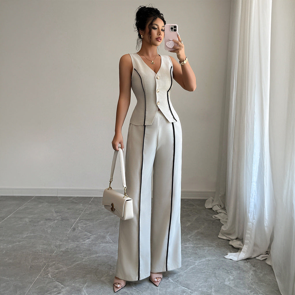 Women's Elegant Pants Suit with Fitted Top and Button Details
