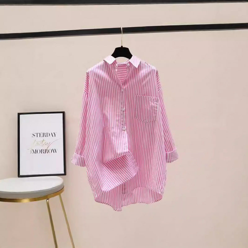 Women's Striped Oversized Shirt with Longer Back and Practical Chest Pocket