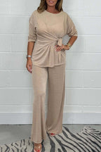 Women's Casual Lounge Set with Knot Detail and Wide-Leg Cut