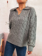Women's Chunky Knit Sweater with Colorful Cable Design and Classic Collar