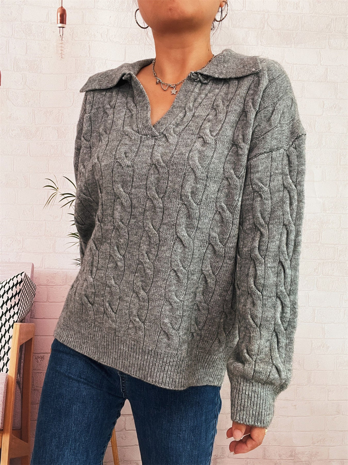 Women's Chunky Knit Sweater with Colorful Cable Design and Classic Collar