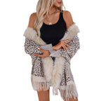 Women's Elegant Knit Poncho with Faux Fur Collar and Fringed Hem
