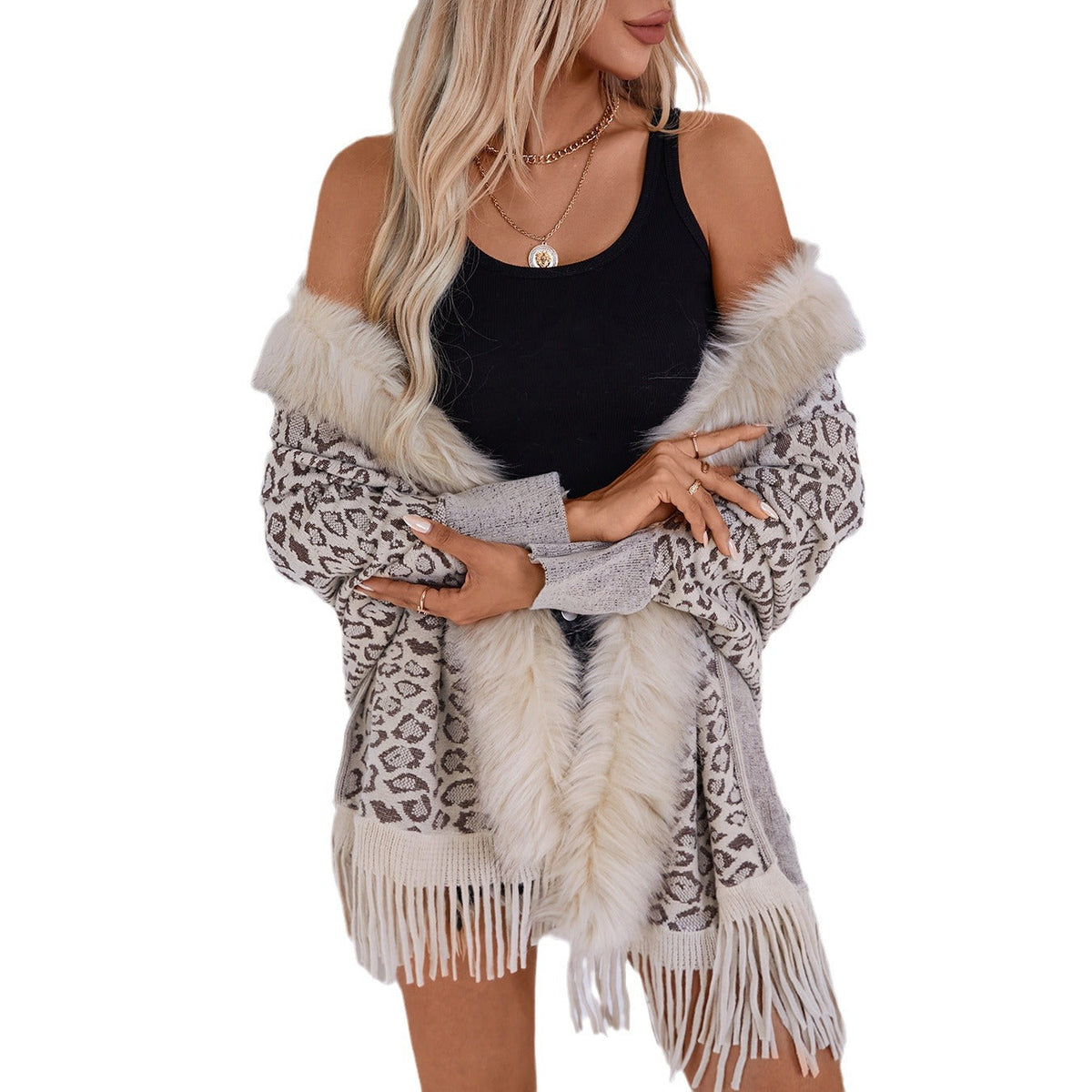 Women's Elegant Knit Poncho with Faux Fur Collar and Fringed Hem