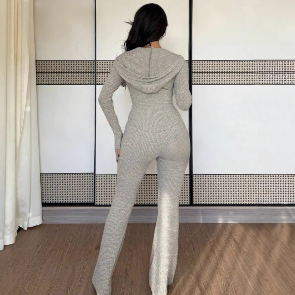Women's High-Quality Knit Suit with Zipper and Wide Leg