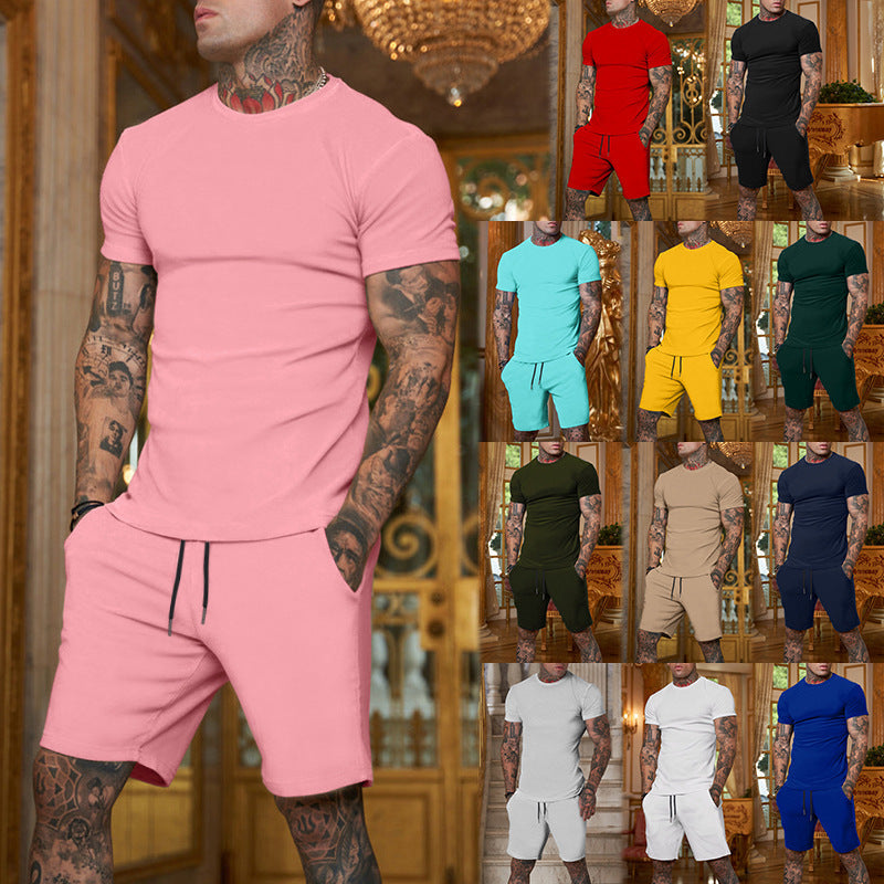 Men's slim Jersey set with round neck shirt and elastic drawstring shorts