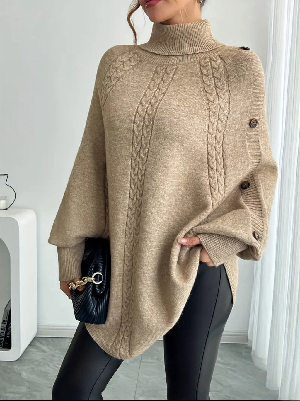 Women's Elegant Knit Poncho with Turtleneck and Cable Knit Pattern